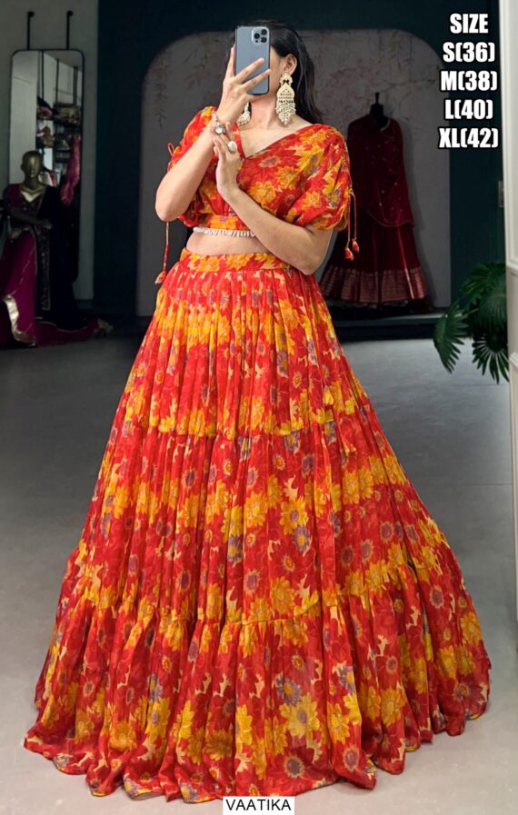 Enhance Your Look Adorning This Chiffon Lehenga Choli Crafted With Floral Printed Work All Over