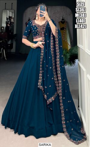 Dark Firozi Blue Georgette Plain Lehenga With Designer Blouse And Dupatta