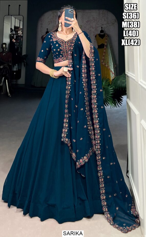 Dark Firozi Blue Georgette Plain Lehenga With Designer Blouse And Dupatta