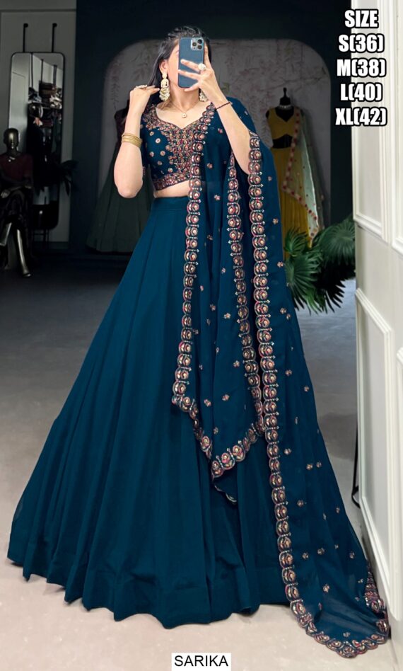 Dark Firozi Blue Georgette Plain Lehenga With Designer Blouse And Dupatta