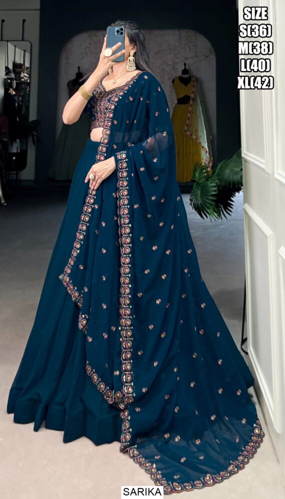 Dark Firozi Blue Georgette Plain Lehenga With Designer Blouse And Dupatta