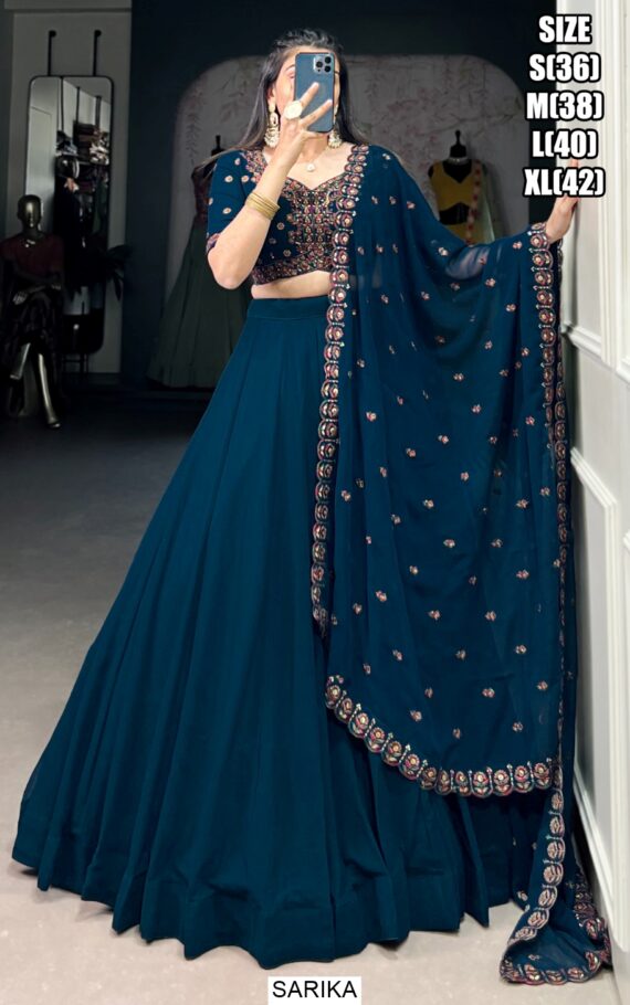 Dark Firozi Blue Georgette Plain Lehenga With Designer Blouse And Dupatta