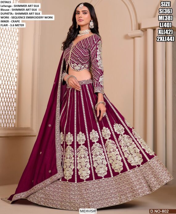 Designer Embroidered Shimmer Art Silk Lehenga Choli For Women's Weddings