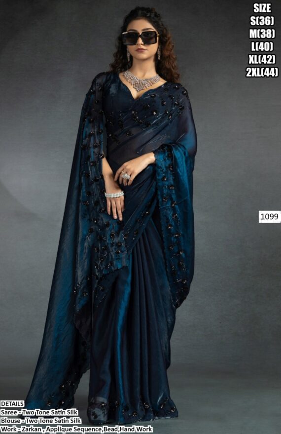 Look Regal And Elegant In This Luxurious Two-Tone Satin Silk Partywear Sarees