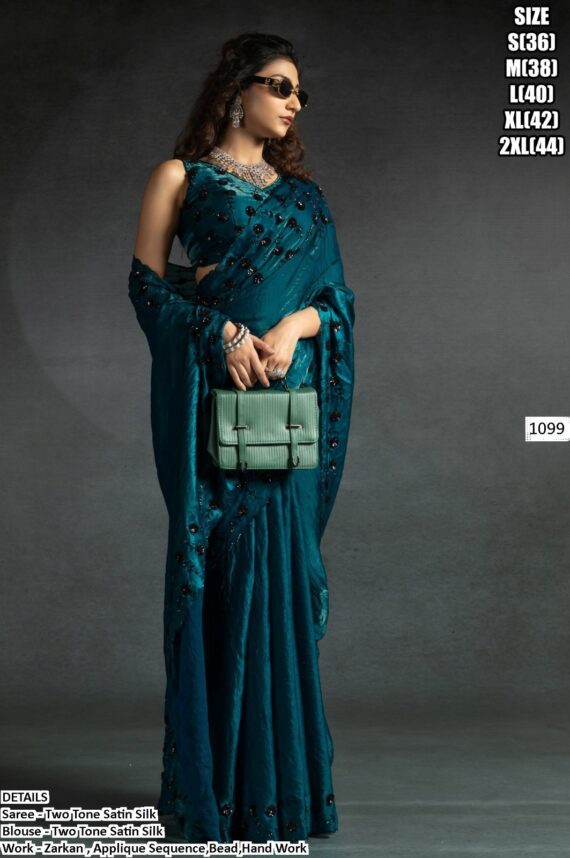 Look Regal And Elegant In This Luxurious Two-Tone Satin Silk Partywear Sarees