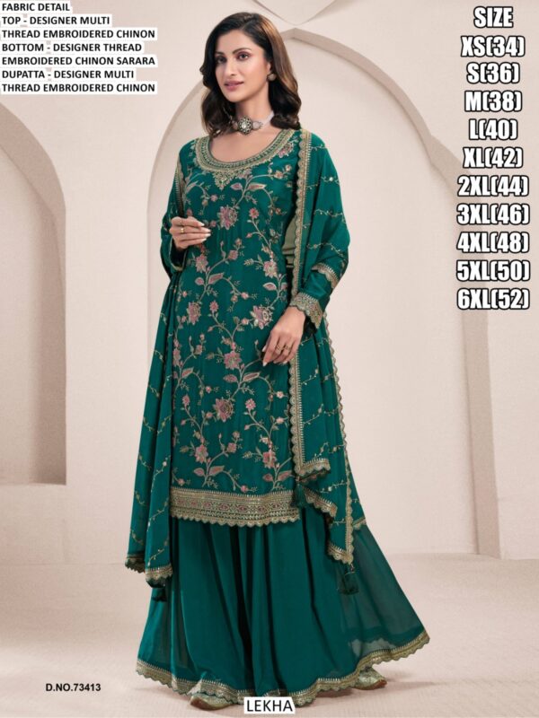 Multi Flower Designer Chinon Embroidered Plazo Style Salwar Kameez