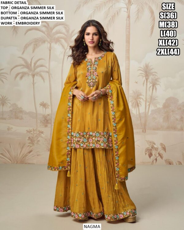 Organza Shimmer Silk Designer Three Piece Plazo Suits Perfect For A Graceful And Stylish Look