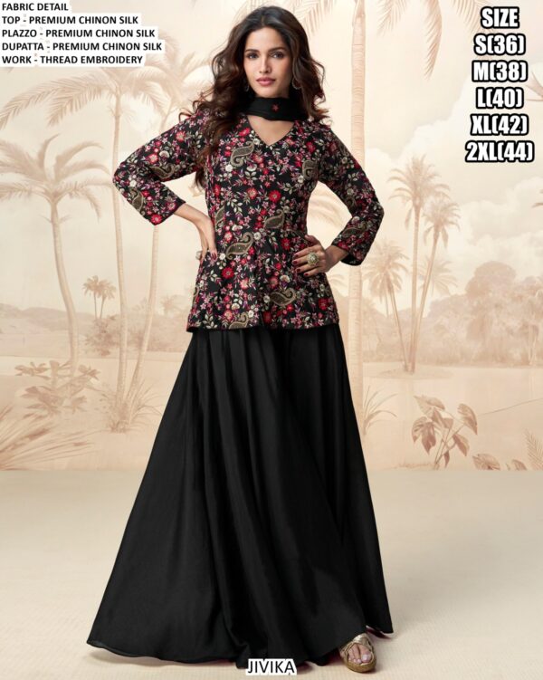 Indian Latest Designer Ready To Wear Chinon Silk Plazo Suits With Heavy Look Embroidered