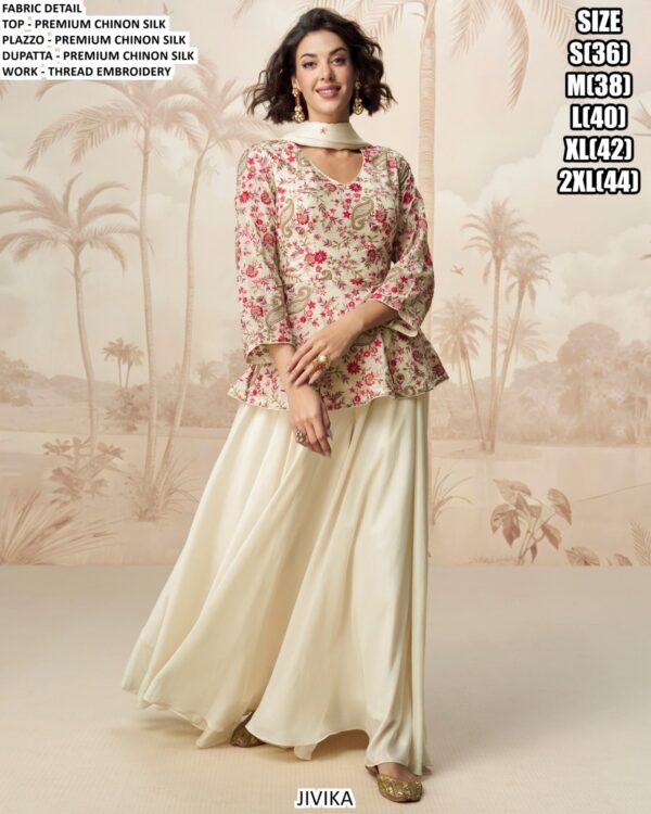 Indian Latest Designer Ready To Wear Chinon Silk Plazo Suits With Heavy Look Embroidered