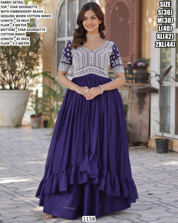 Lovely Beads Work Star Georgette Readymade Lehenga With Long Kurti (Indo-Western Dress)