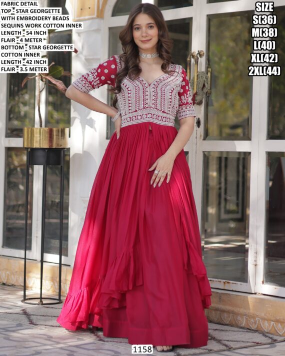 Lovely Beads Work Star Georgette Readymade Lehenga With Long Kurti (Indo-Western Dress)