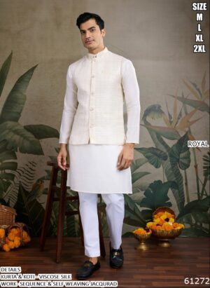 Our Viscose Silk Shimmering Sequins And Weaving Work Kurta-Koti Set For Men