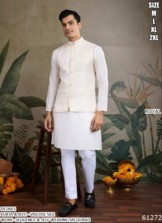 Our Viscose Silk Shimmering Sequins And Weaving Work Kurta-Koti Set For Men