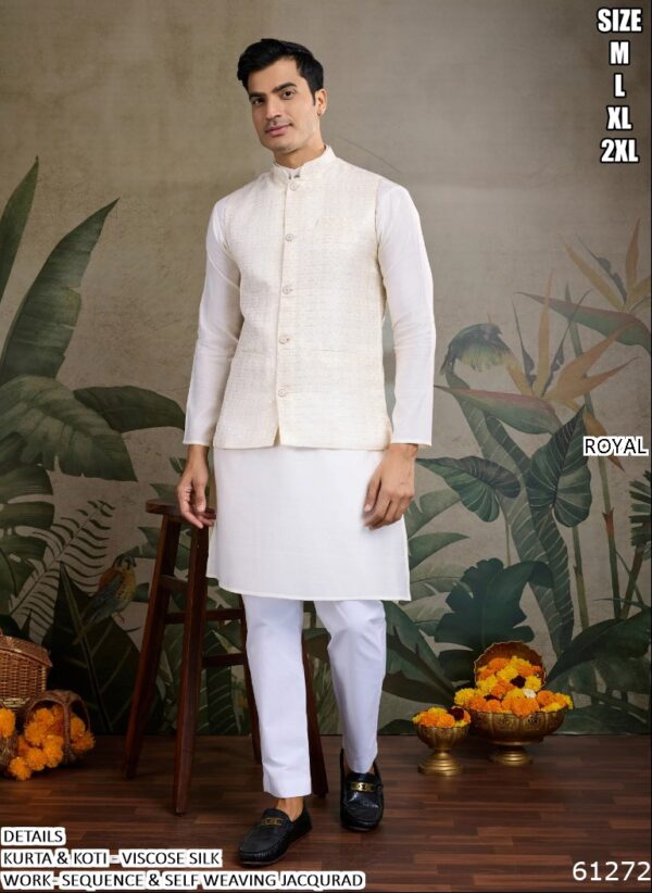 Our Viscose Silk Shimmering Sequins And Weaving Work Kurta-Koti Set For Men
