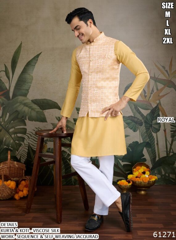 Our Viscose Silk Shimmering Sequins And Weaving Work Kurta-Koti Set For Men