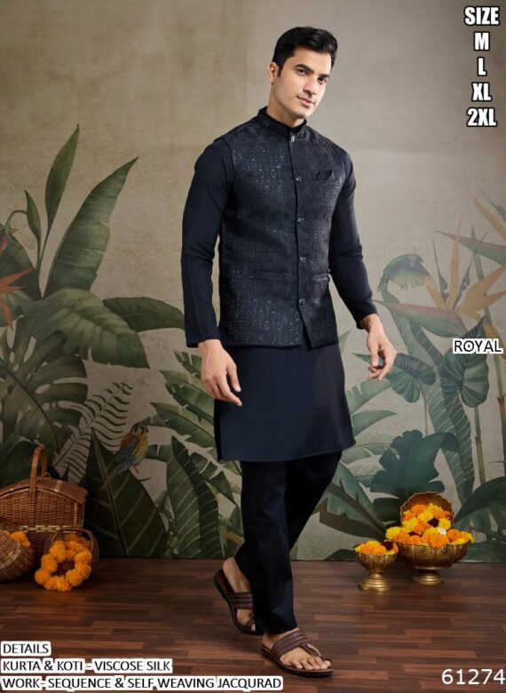 Our Viscose Silk Shimmering Sequins And Weaving Work Kurta-Koti Set For Men