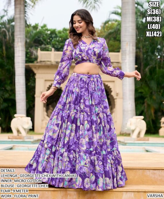 Floral Printed Georgette Chex Ready To Wear Crop Top And Lehengas For Women