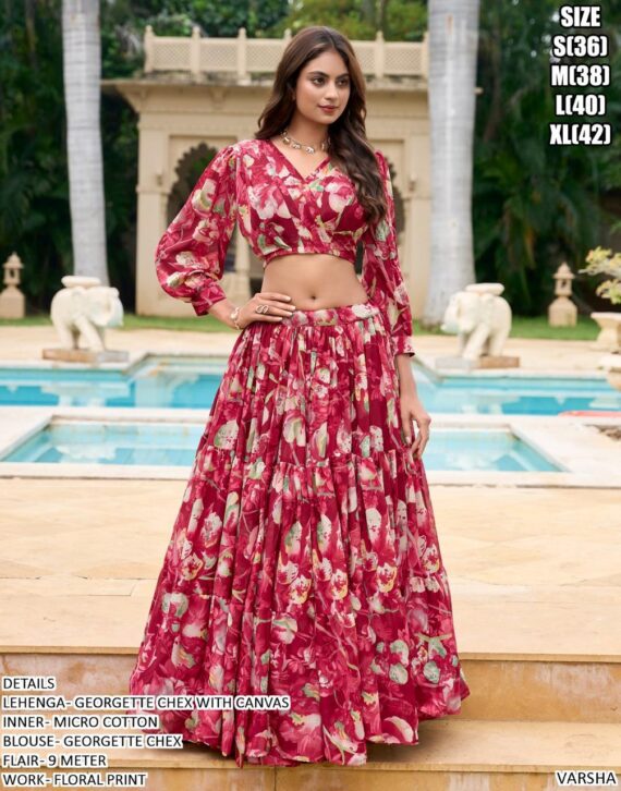 Floral Printed Georgette Chex Ready To Wear Crop Top And Lehengas For Women