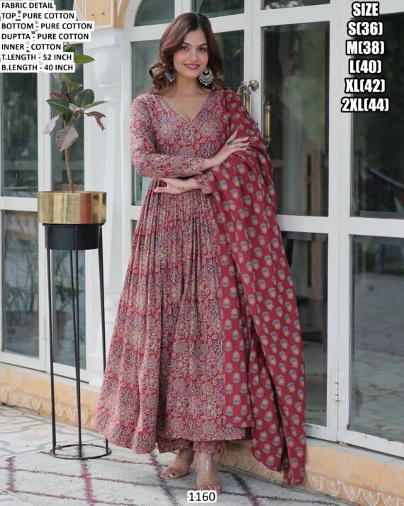 Exquisite Designer 100% Cotton Long Anarkali Kurti Sets For Women