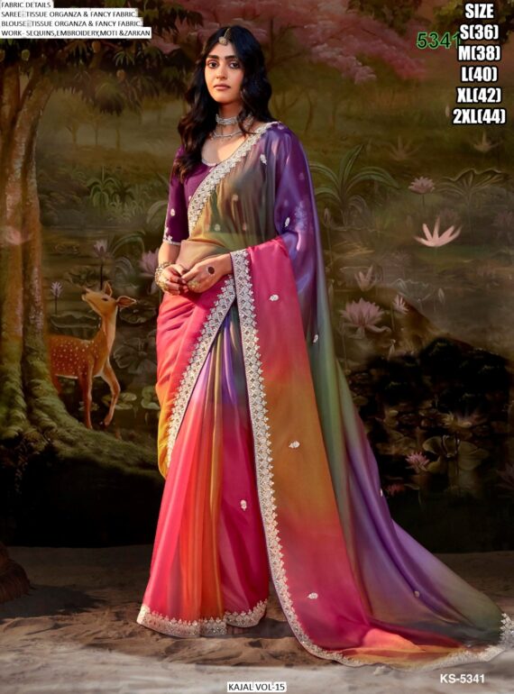 Glass Tissue Organza Moti, Sequins And Zarkan Work Embellished Saree Set By Ethnicrang