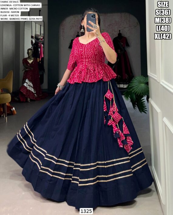 Bandhej Printed Kedia With Navy Blue Colour Lehenga Ready To Wear For Festivals