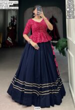Bandhej Printed Kedia With Navy Blue Colour Lehenga Ready To Wear For Festivals