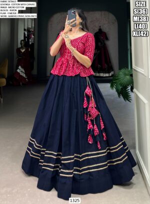 Bandhej Printed Kedia With Navy Blue Colour Lehenga Ready To Wear For Festivals