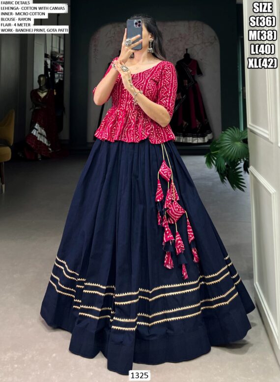 Bandhej Printed Kedia With Navy Blue Colour Lehenga Ready To Wear For Festivals