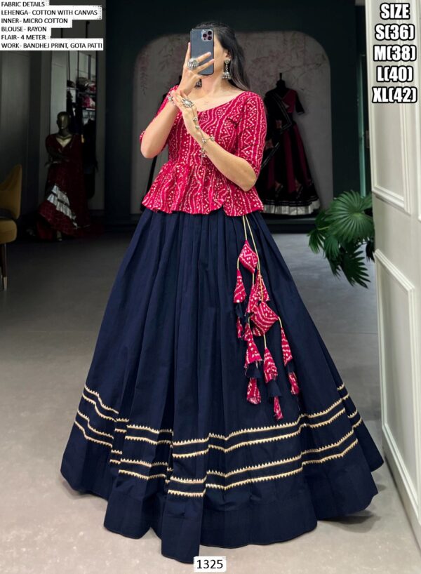 Bandhej Printed Kedia With Navy Blue Colour Lehenga Ready To Wear For Festivals