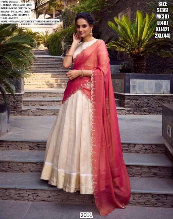 Off-White Colour Zari Weaving Work Jacquard Chex South Indian Lehenga Choli