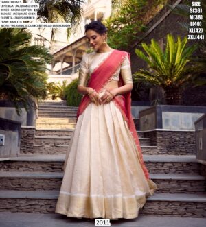Off-White Colour Zari Weaving Work Jacquard Chex South Indian Lehenga Choli
