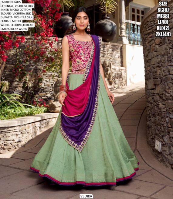 Dazzling Sea Green Colour Vichitra Silk Lehenga Choli For Festivals