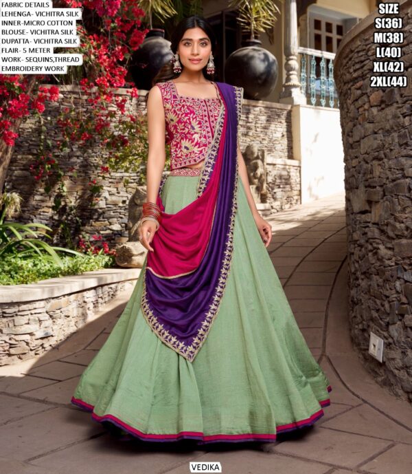 Dazzling Sea Green Colour Vichitra Silk Lehenga Choli For Festivals