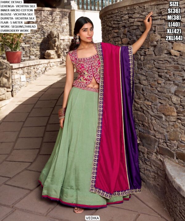 Dazzling Sea Green Colour Vichitra Silk Lehenga Choli For Festivals