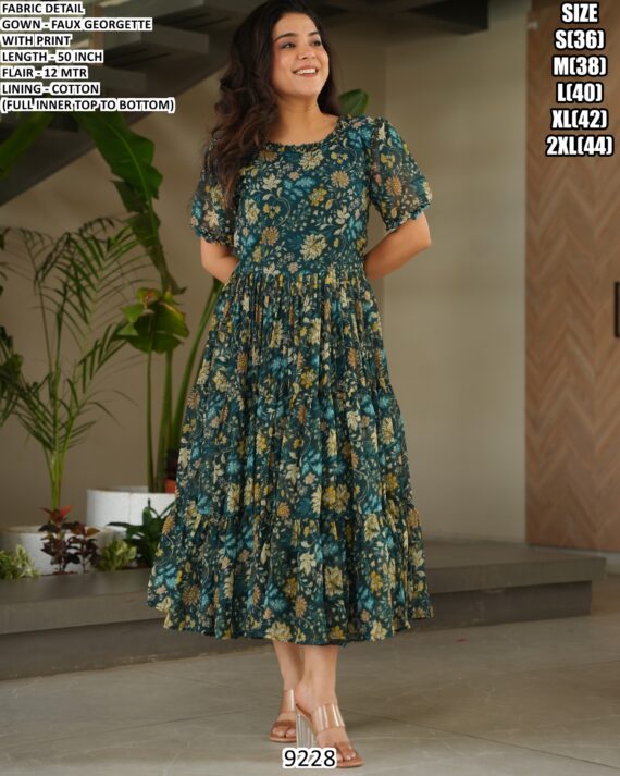 Beaches And Party Wear Green Faux Georgette Floral Printed Anarkali Gown