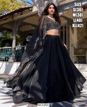 Party Wear Elegant Black Star Satin Embroidered Lehenga Choli With Dupatta