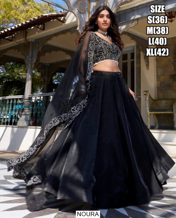 Party Wear Elegant Black Star Satin Embroidered Lehenga Choli With Dupatta
