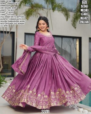 Golden Embroidery Worked Chinon Readymade Gowns In Gorgeous Two Colours!