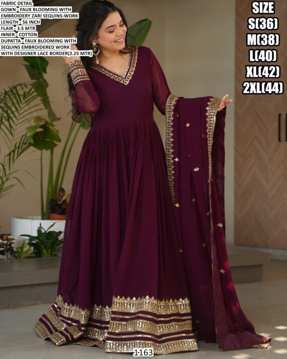 Buy This Beautiful Faux Blooming Partywear Gown With Zari Sequins Embroidered Border Online