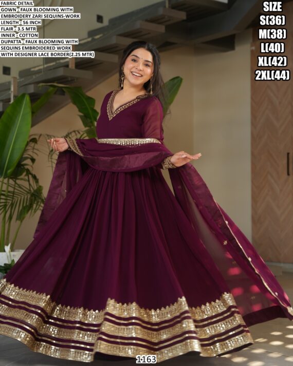 Buy This Beautiful Faux Blooming Partywear Gown With Zari Sequins Embroidered Border Online