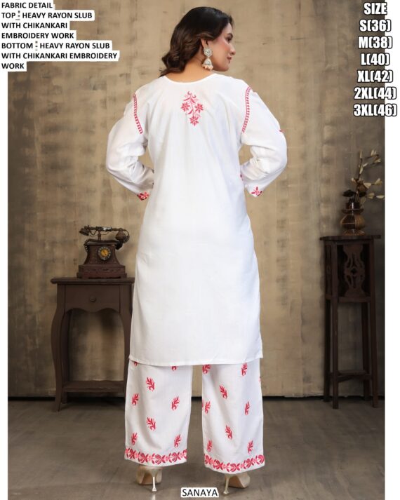 Women's Rayon Slub Straight Cut Chikankari Embroidered Kurti With Pant