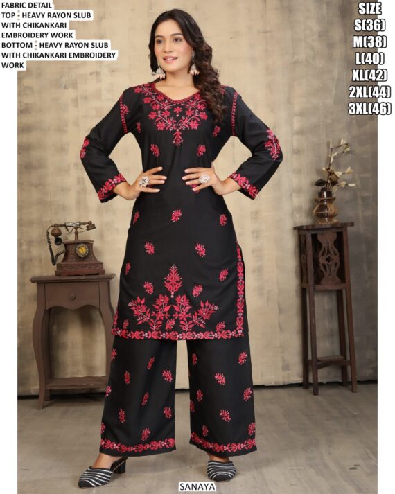 Women's Rayon Slub Straight Cut Chikankari Embroidered Kurti With Pant