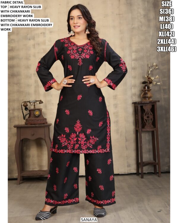 Women's Rayon Slub Straight Cut Chikankari Embroidered Kurti With Pant