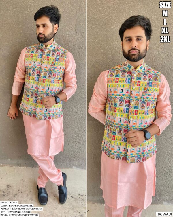 Heavy Banglori Silk Kurta, Pyjama And Koti Sets Ready To Wear In Best 5 Trending Colours