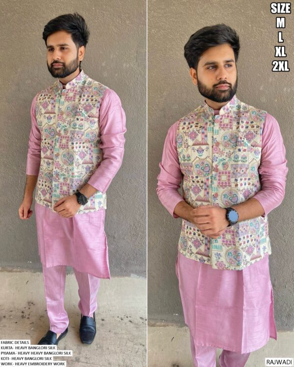 Heavy Banglori Silk Kurta, Pyjama And Koti Sets Ready To Wear In Best 5 Trending Colours