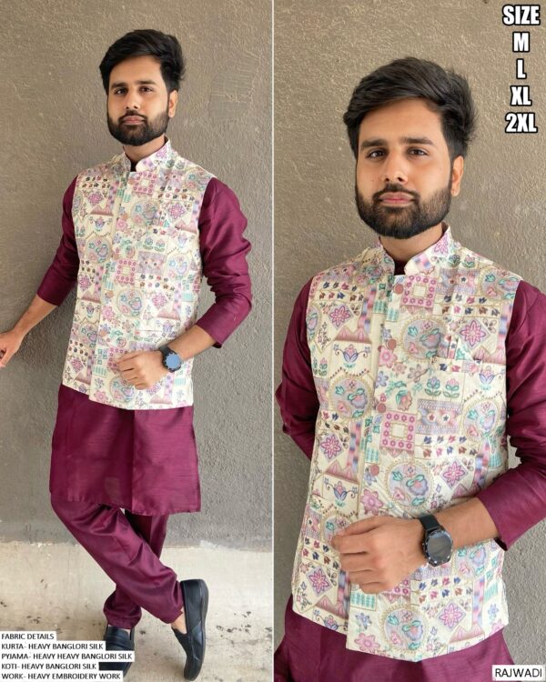 Heavy Banglori Silk Kurta, Pyjama And Koti Sets Ready To Wear In Best 5 Trending Colours