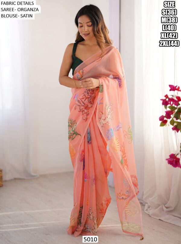 Beautiful Marine Organisms Designer Partywear Un-Stitched Peach Organza Saree