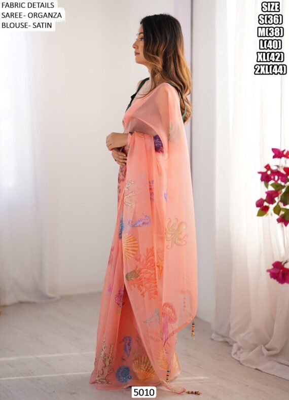Beautiful Marine Organisms Designer Partywear Un-Stitched Peach Organza Saree