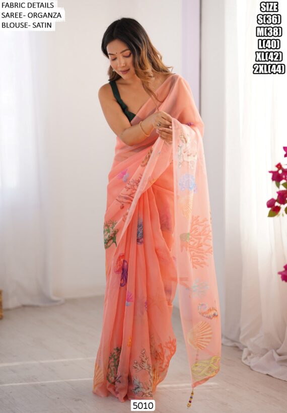 Beautiful Marine Organisms Designer Partywear Un-Stitched Peach Organza Saree