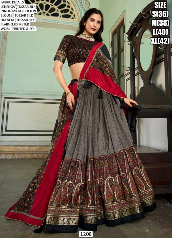 Our Printed And Foil Worked Combination Tussar Silk Stitched Lehenga Choli